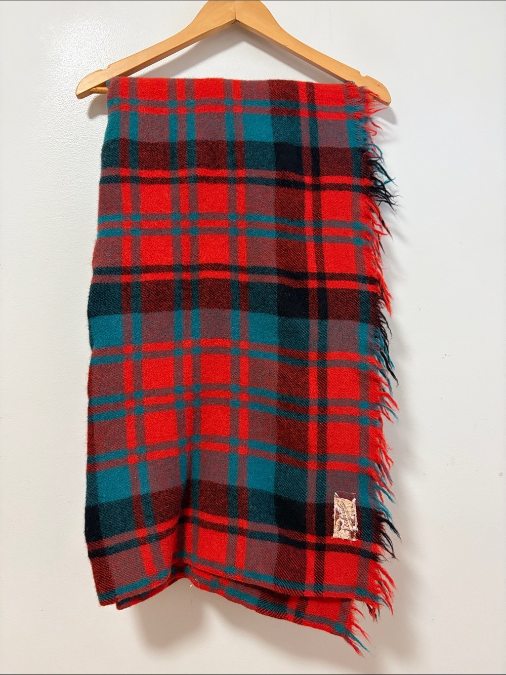Vintage Throw Blanket Red Green Tartan Plaid Wool Fringe Car Couch Cottage